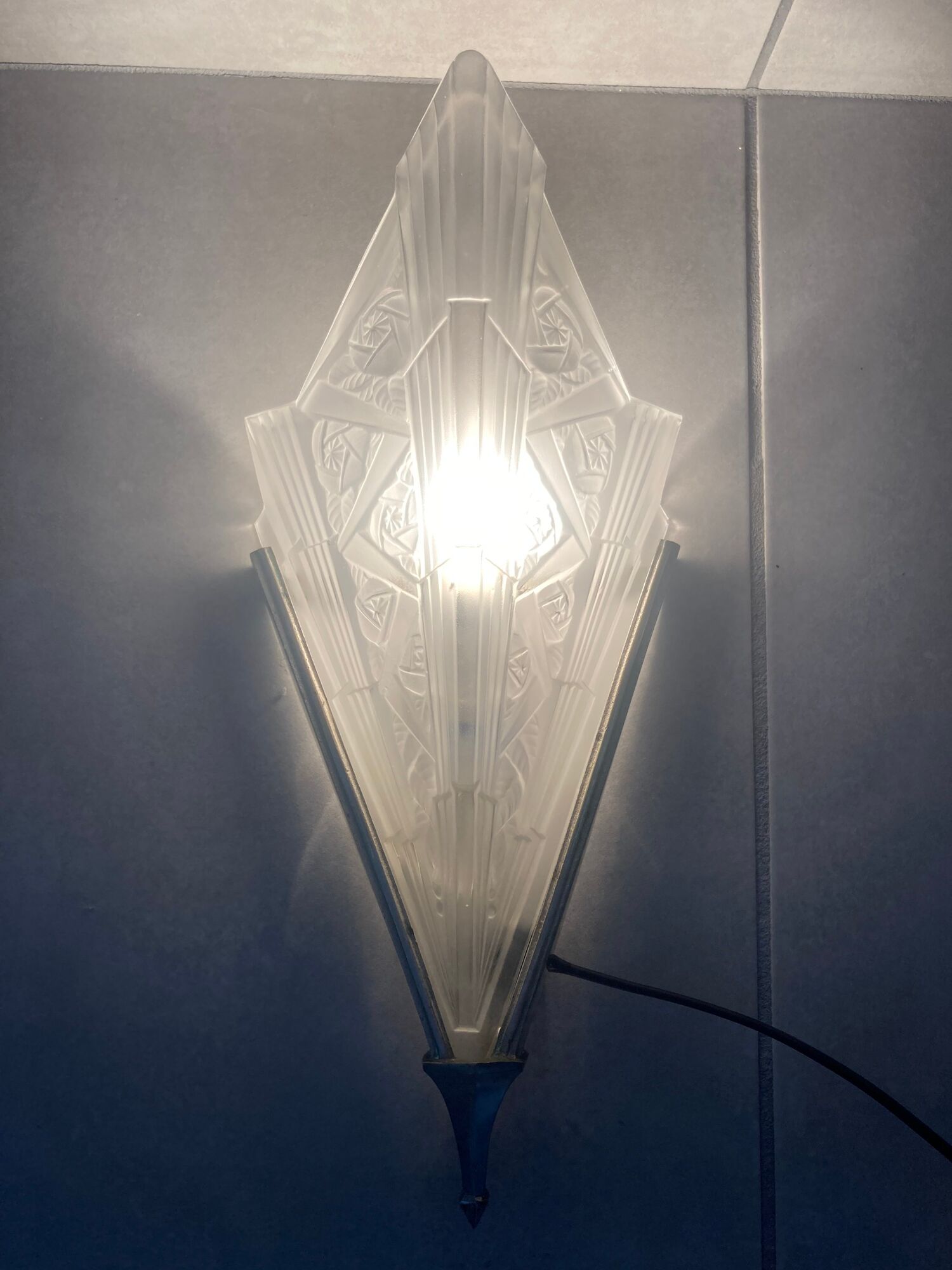 Pair of art deco metal and satin pressed glass sconces