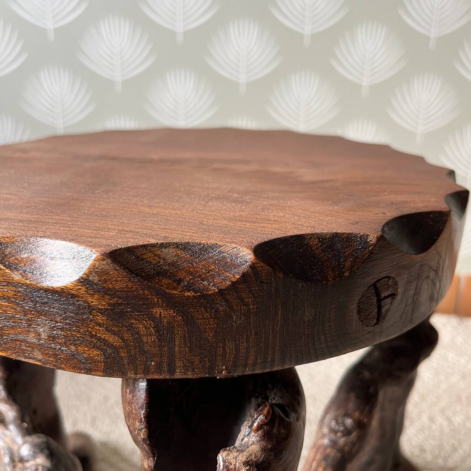 Brutalist tripod stool, vine legs, 1950s