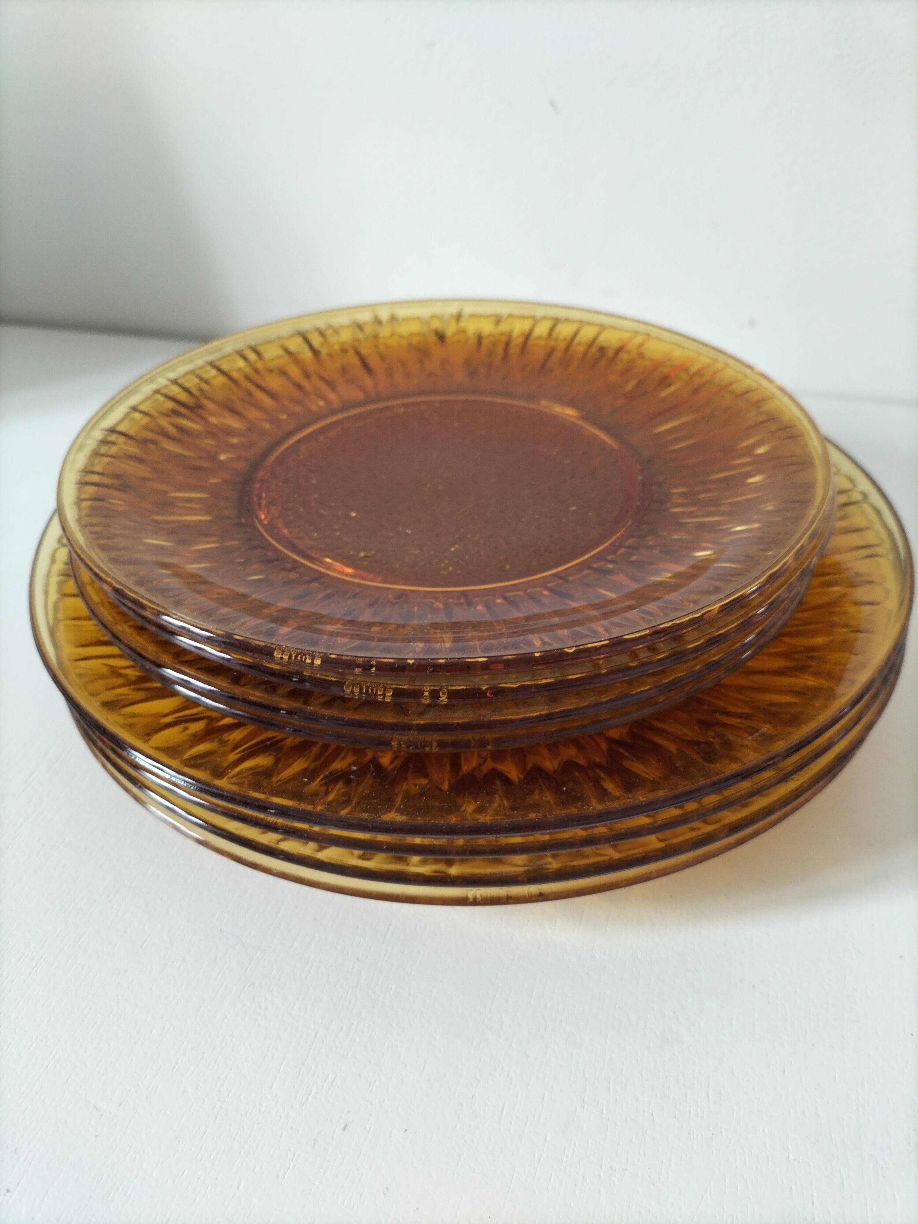 Vereco Sunflower amber plates – 8 vintage pieces (4 dinner plates, 4 dessert plates)