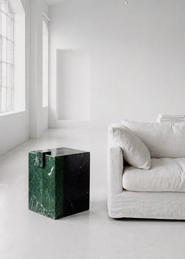 Pedestal table, green marble side table.