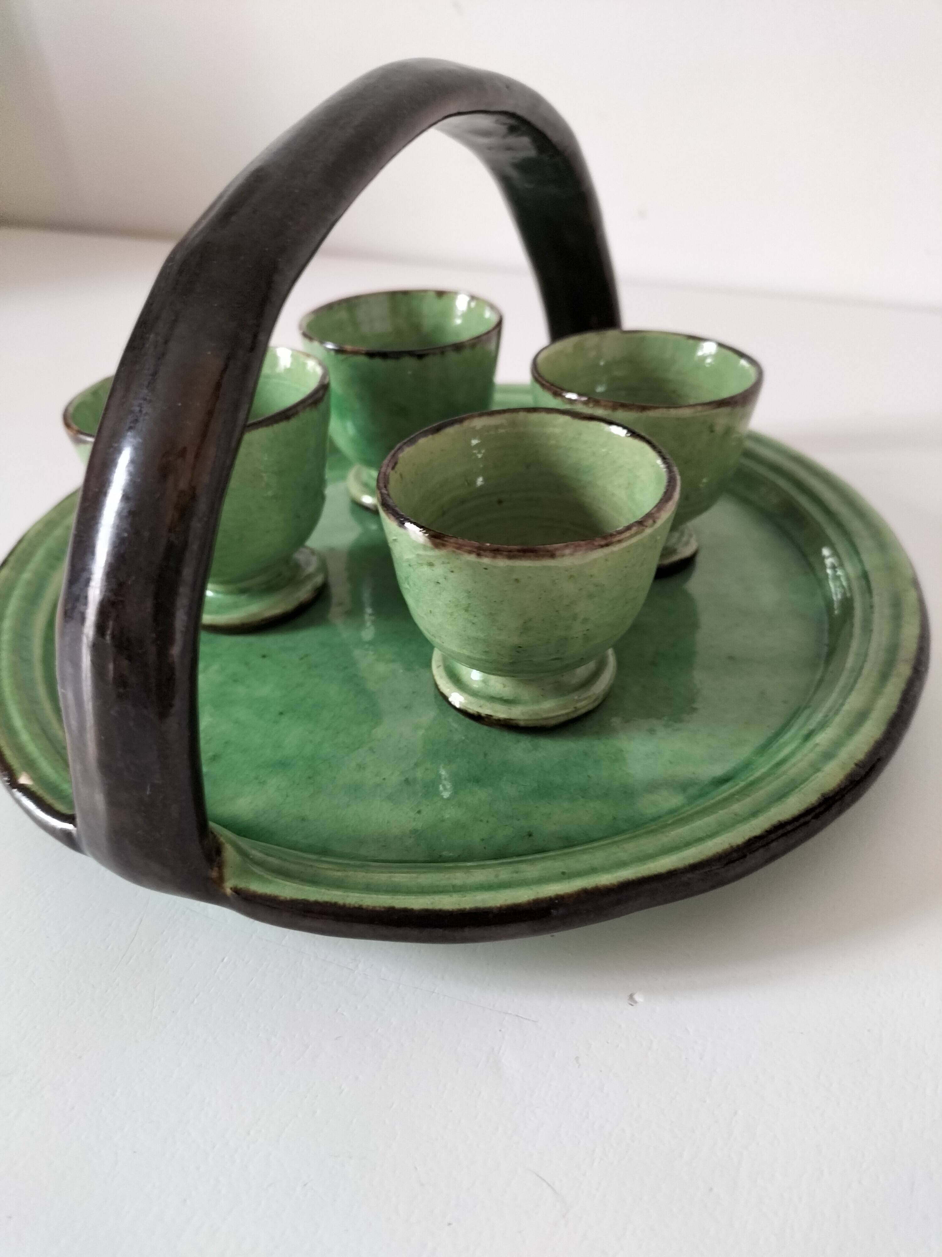 Plateau and its 4 ceramic workshop bowls - green Geneva