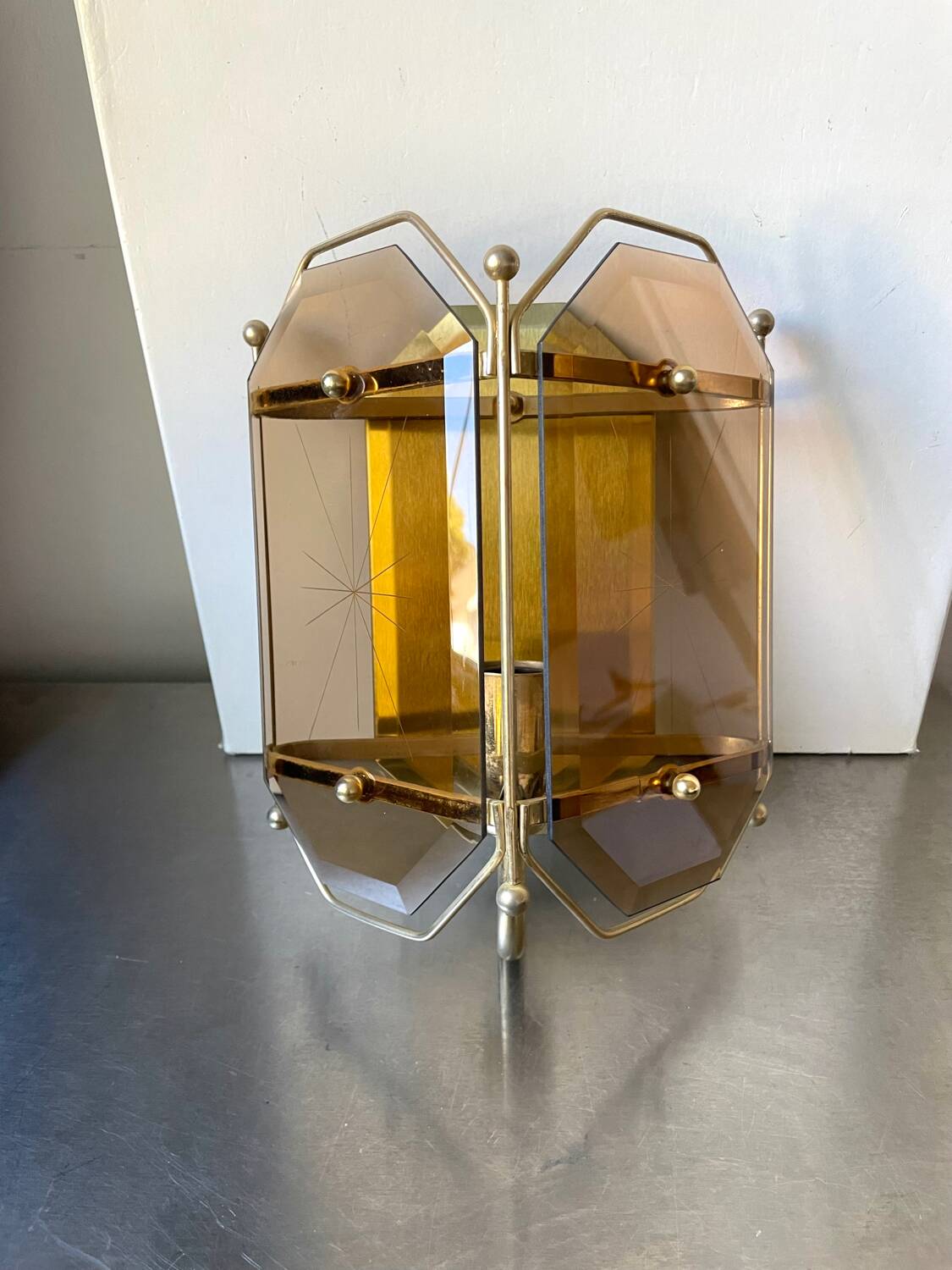 Scandinavian Vintage  wall light Sconce in Brass & Amber colored Glass