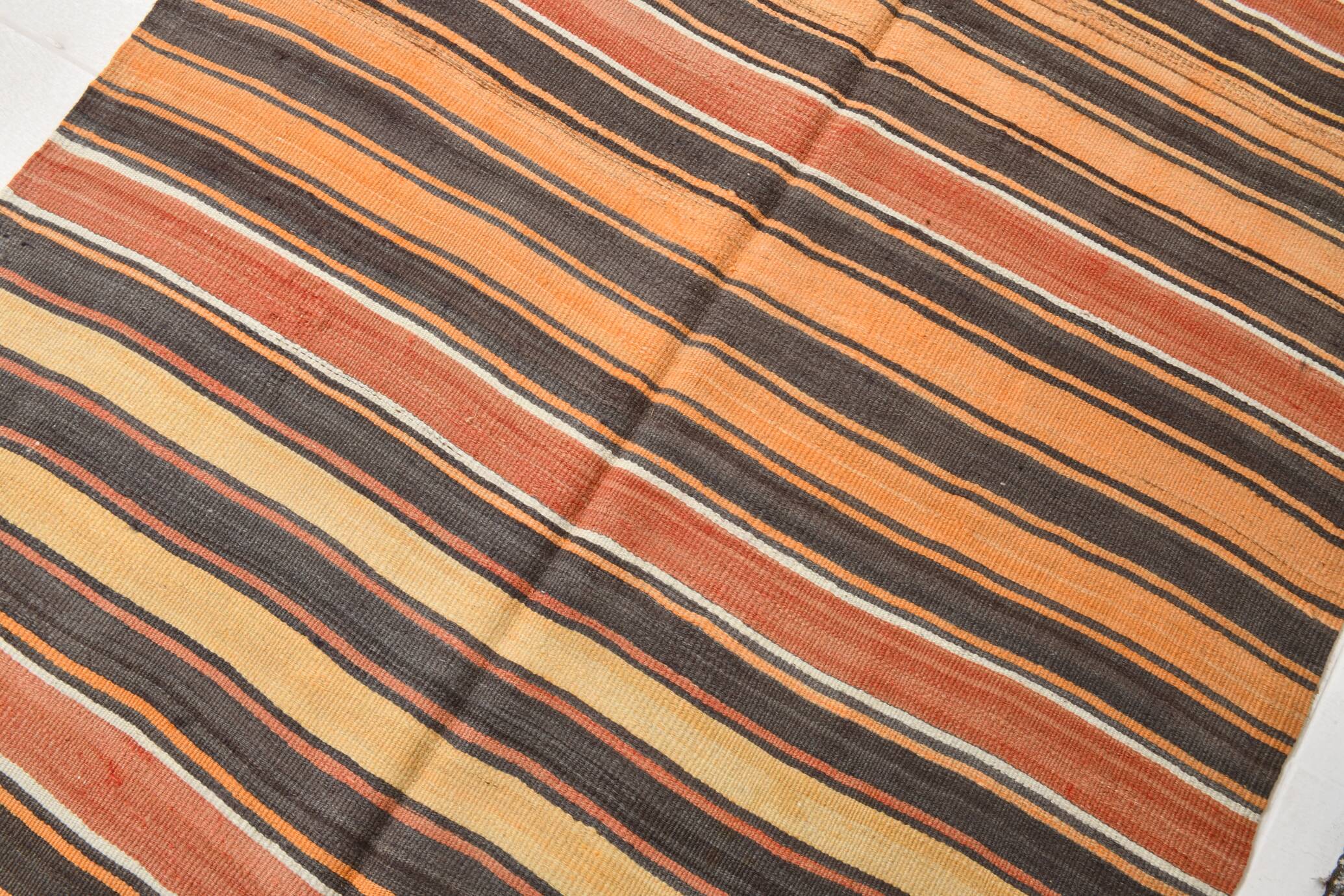 4x7 Kilim Terracotta Red & Orange Striped Turkish Vintage Kilim Rug