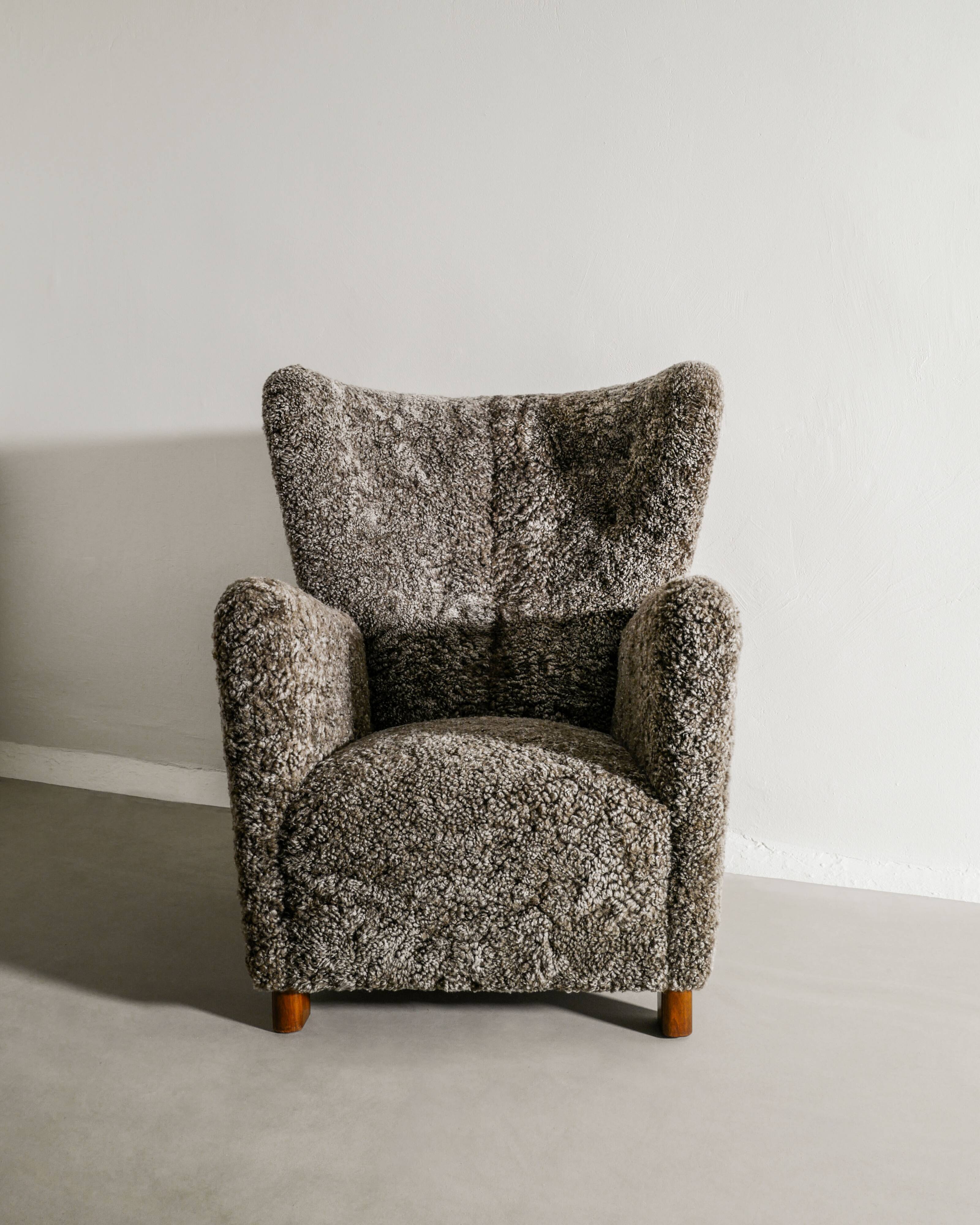 Danish Mid Century Armchair by Thorald Madsen in Grey Sheepskin, 1940s