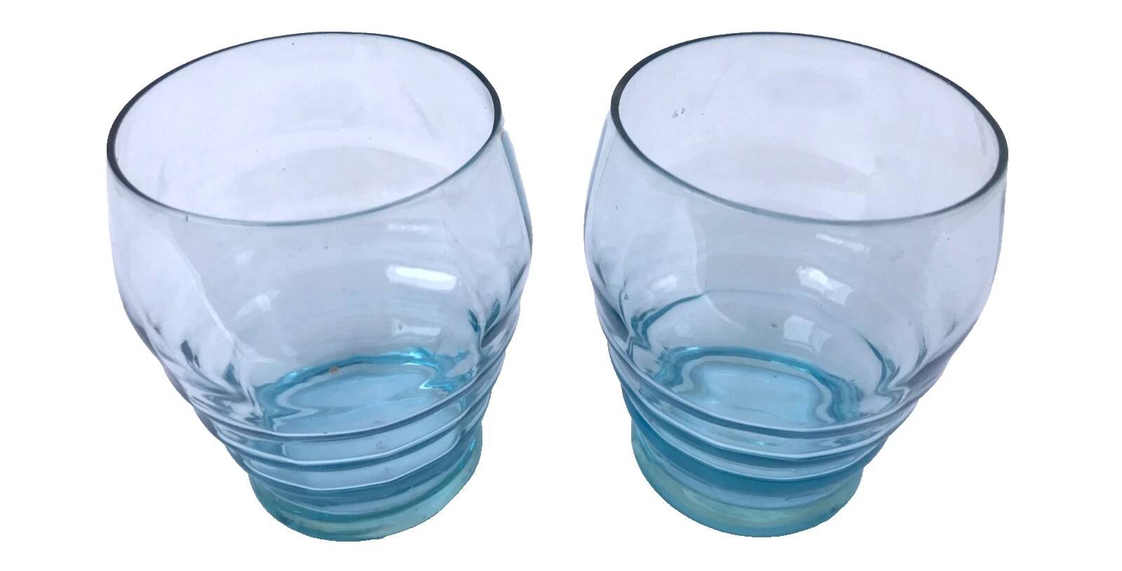 Art Deco 1930s 2 glasses Transparent turquoise blue glass