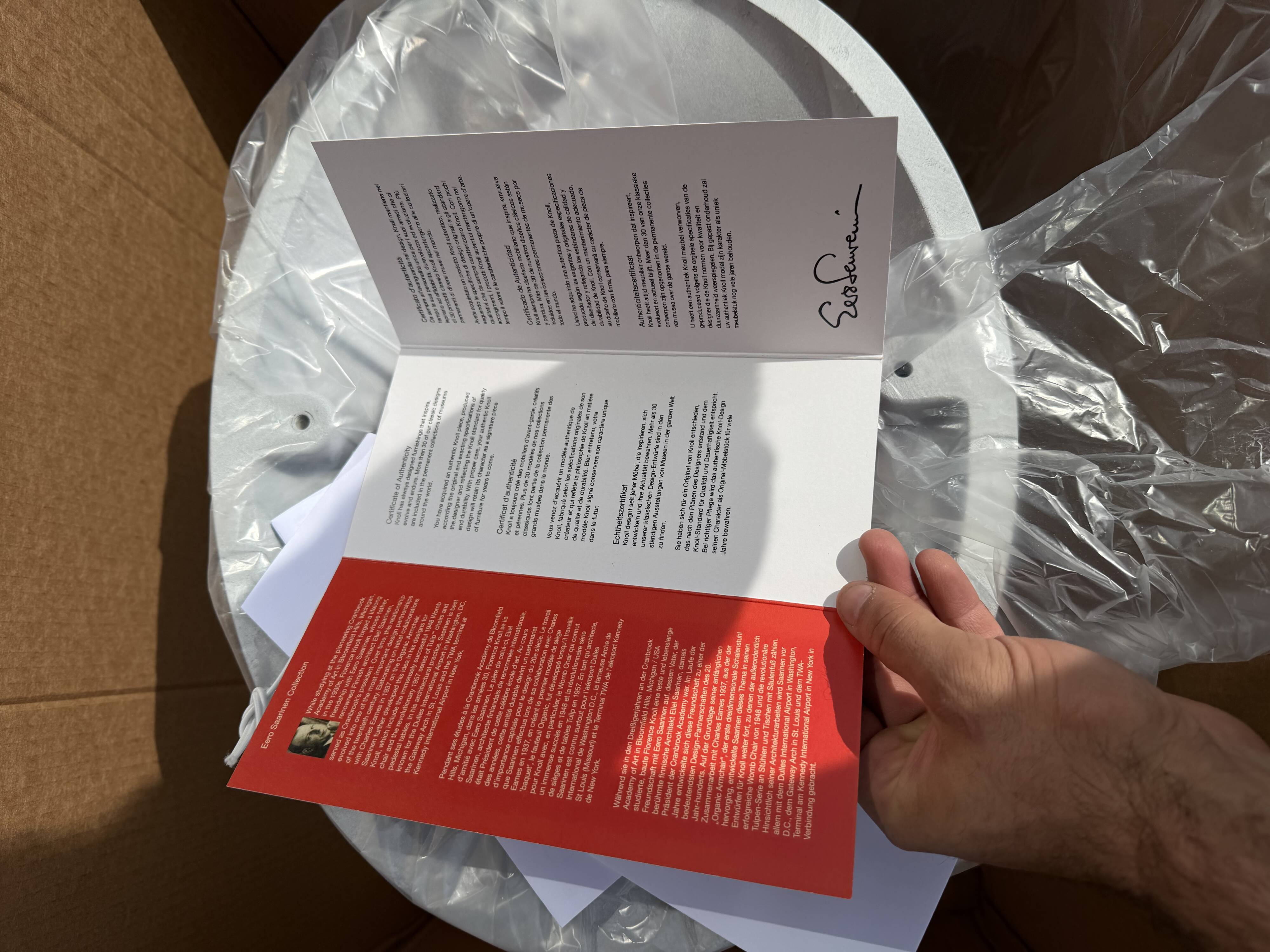 Original oval Tulip Knoll table 198cm white laminate, NEW in the box.