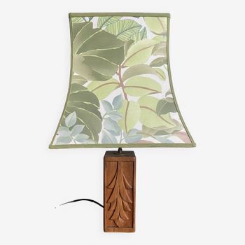 70s lamp in carved natural wood and jungle lampshade