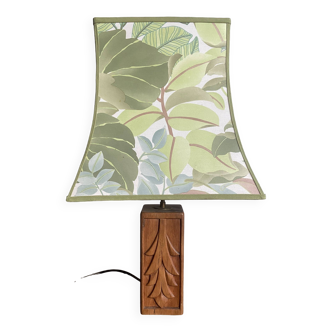 70s lamp in carved natural wood and jungle lampshade