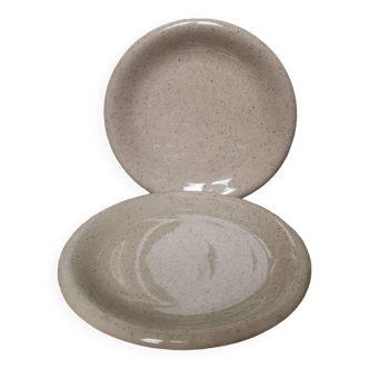 Set of 2 vintage speckled beige stoneware ceramic plates