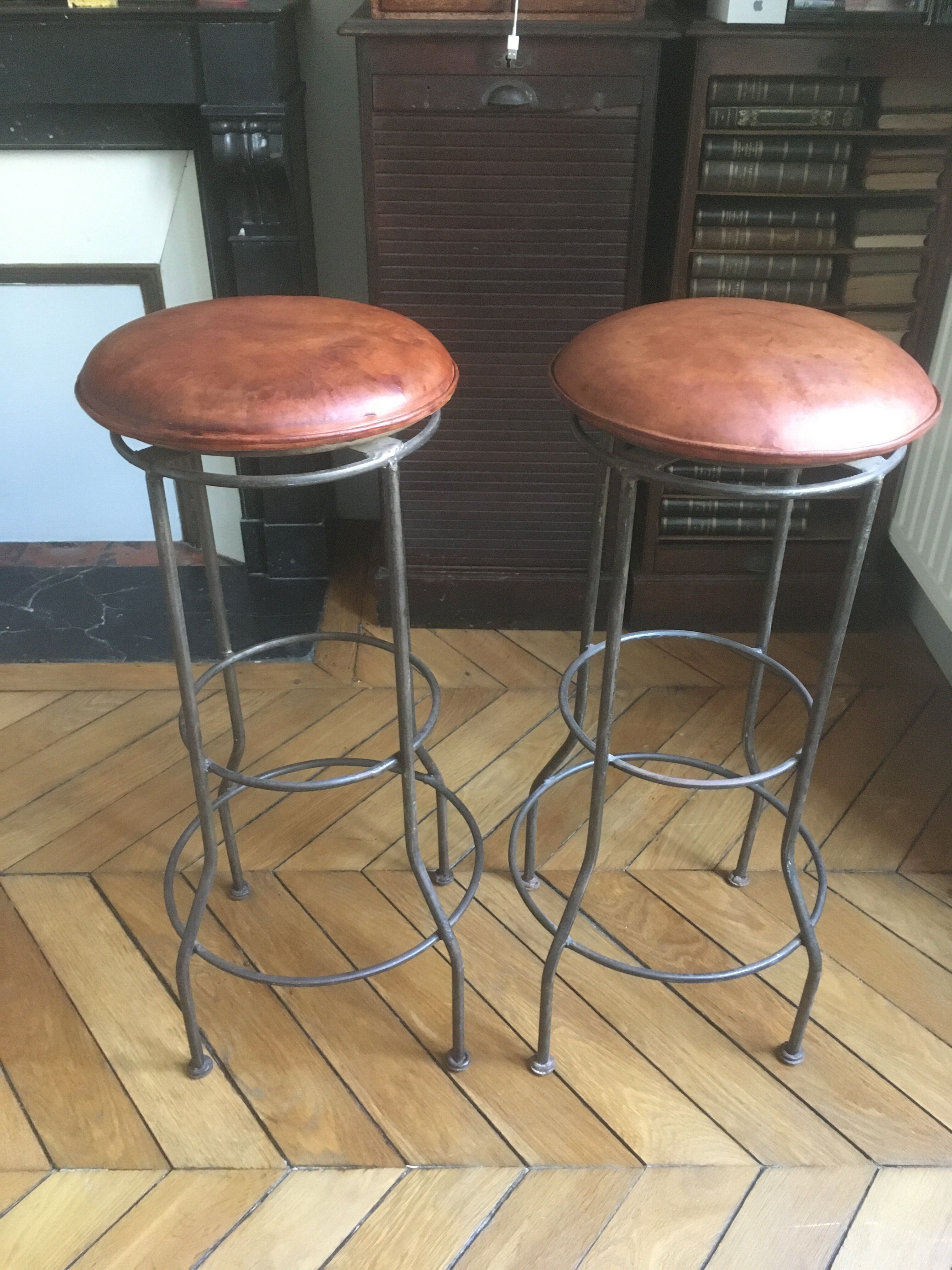 Pair of leather seated bar stools