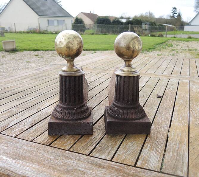 Antique neoclassical cast iron & brass fireplace andirons