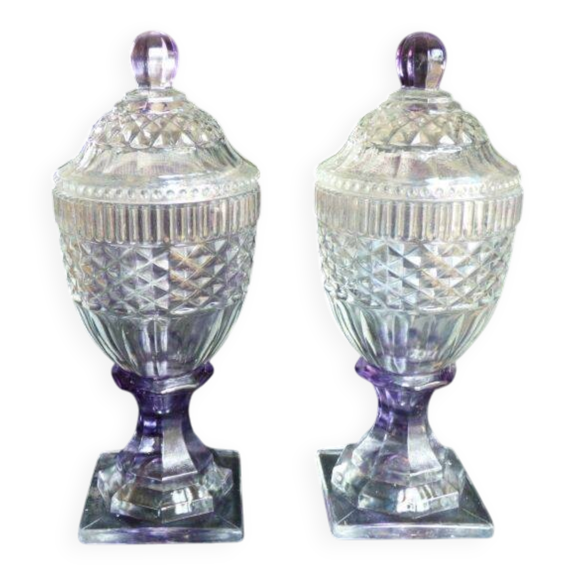 2 antique glass bonbonnières in the shape of pine cones.