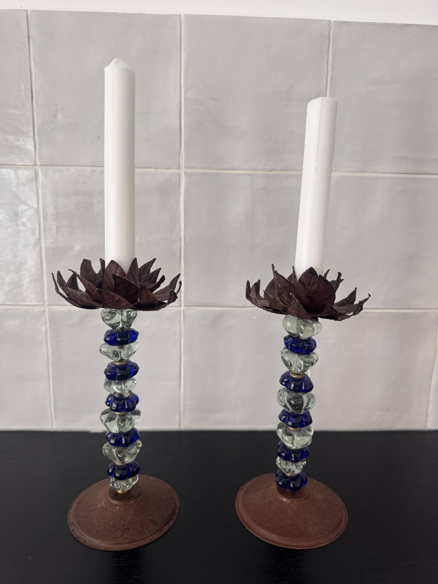 Pair of mid-century candlesticks in brass and glass beads, base in