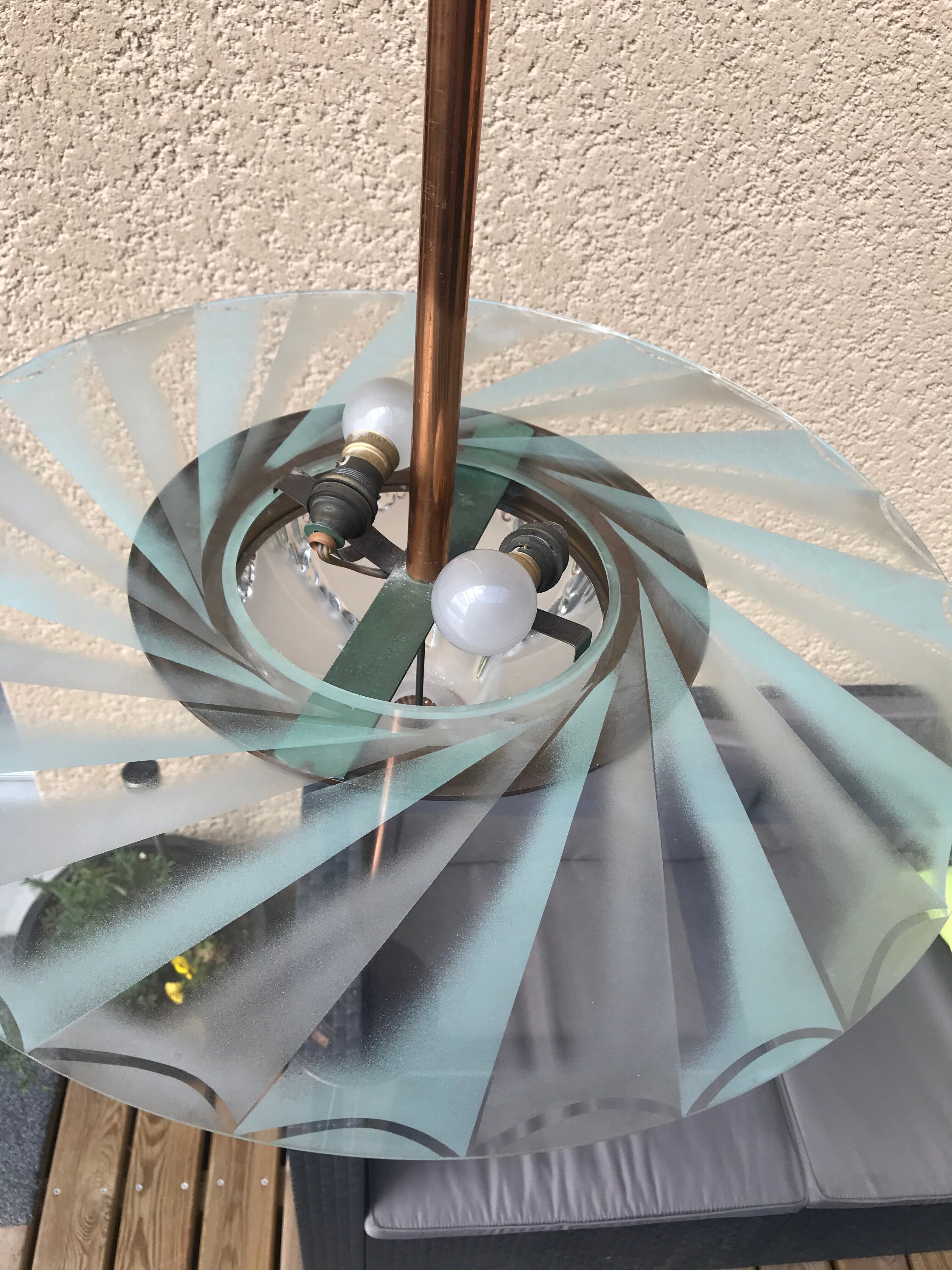 Copper and glass hanging lamp with his Ezan glass disc