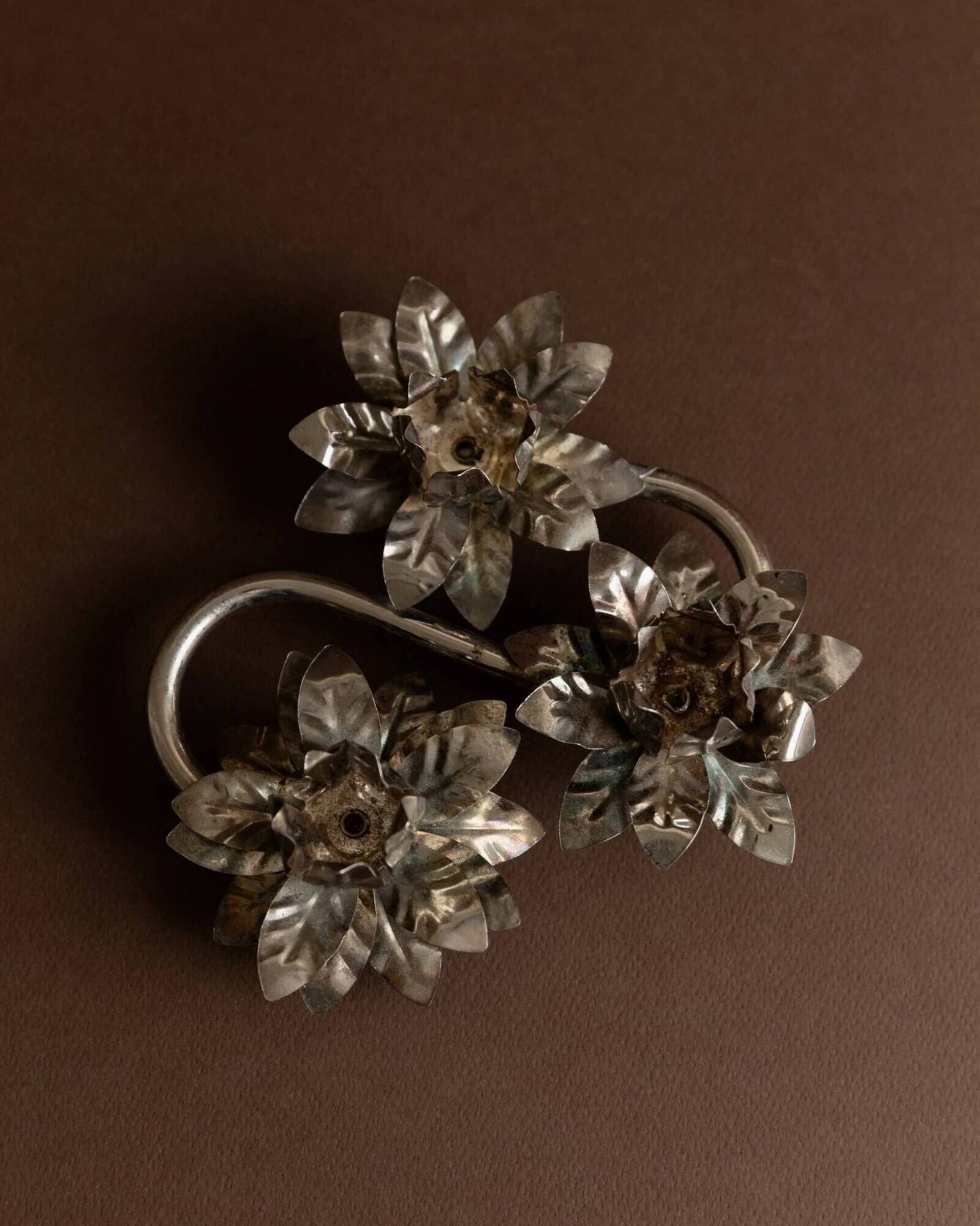 Vintage silver candle holder with 3 flowers - Mid-Century design Italy 1960s