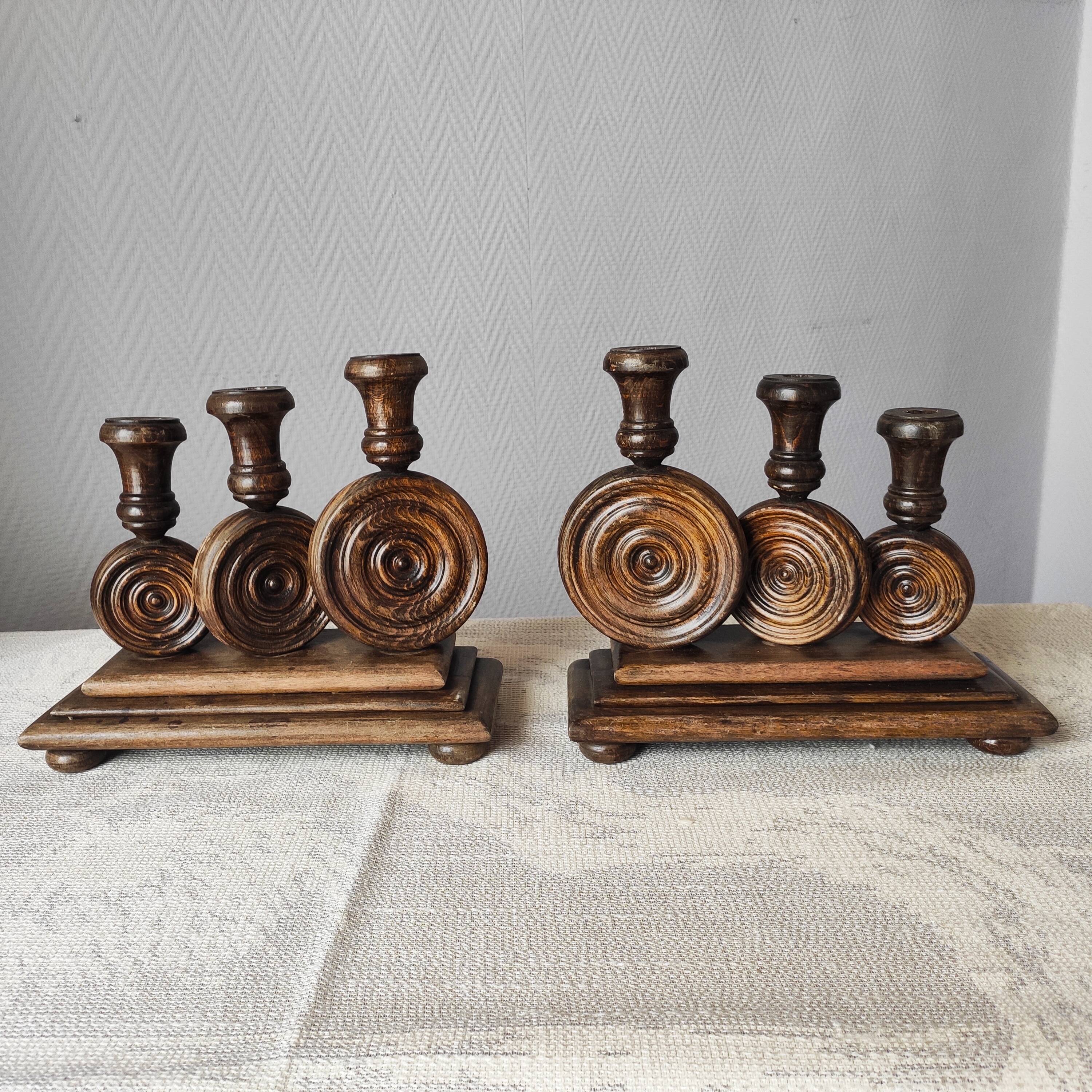 Brutalist turned wood candlestick holders – vintage 50s-60s