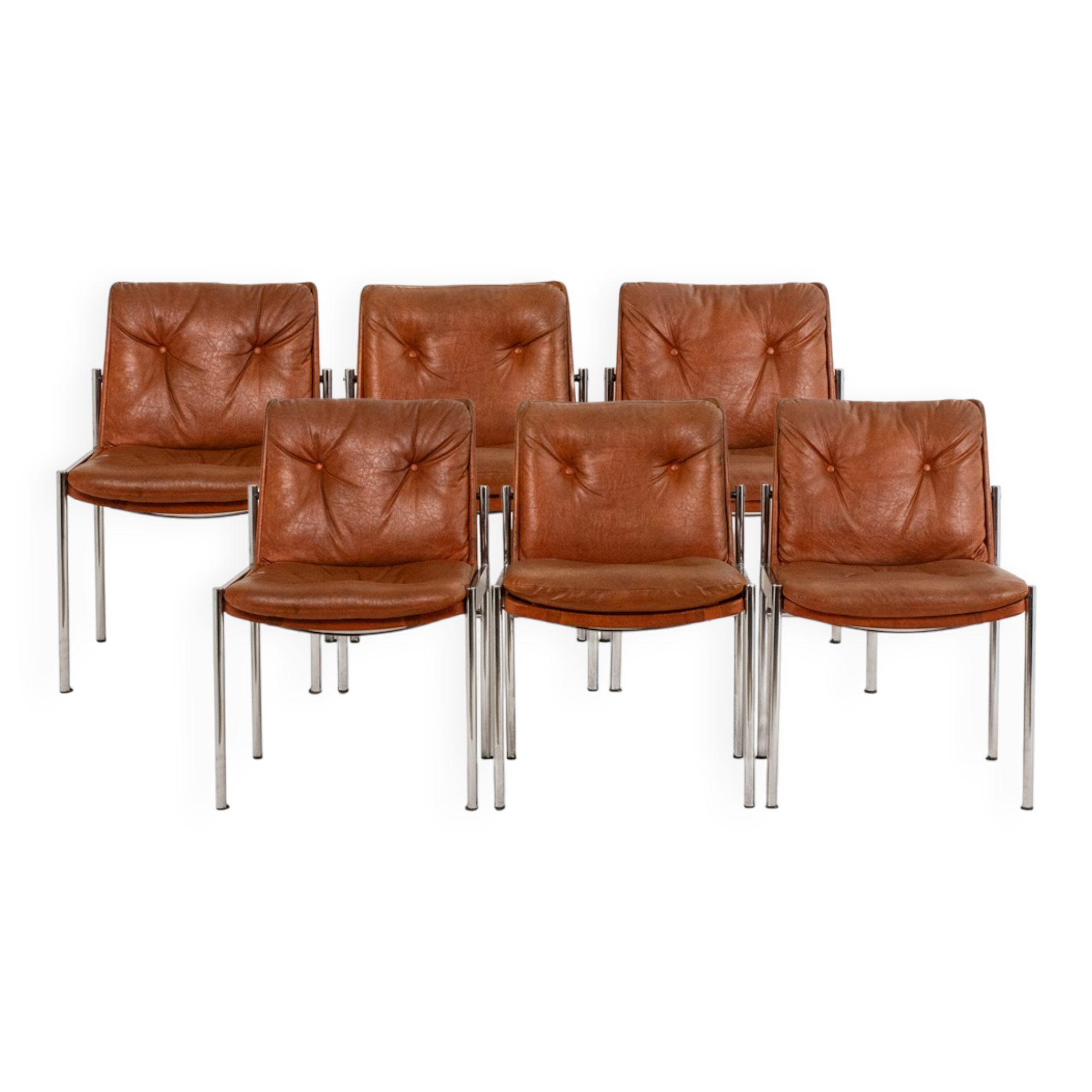 Série de 6 chaises en cuir et métal chromé, années 1970