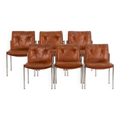 Série de 6 chaises en cuir et métal chromé, années 1970