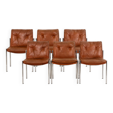 Série de 6 chaises en cuir et métal chromé, années 1970