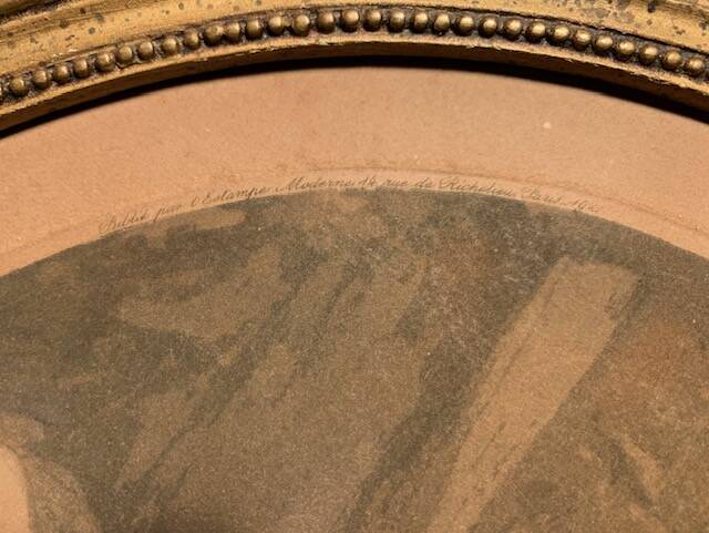 Old romantic engraving, gallant scene from the 19th century, signed, numbered, 1921