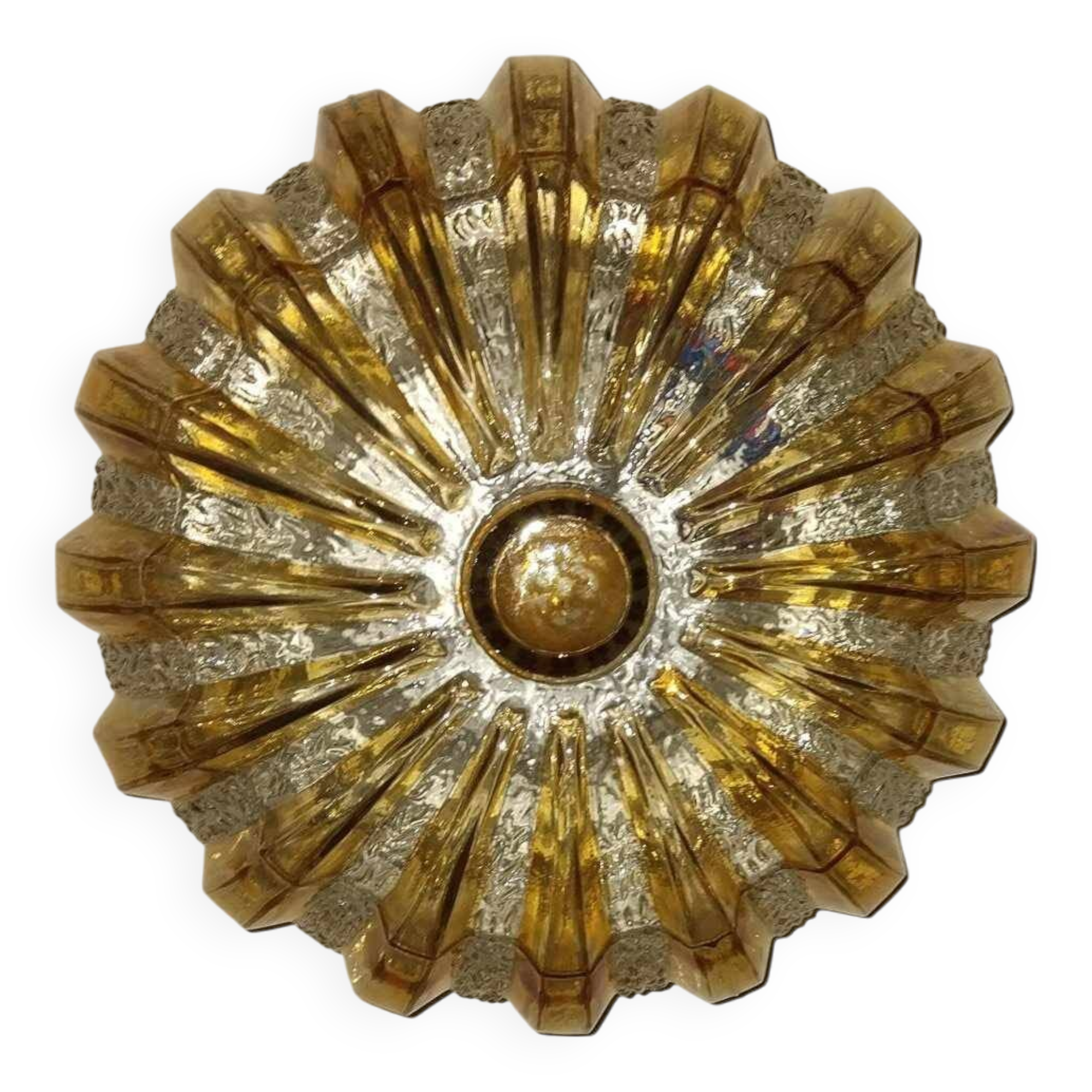 70s round ceiling light in pressed molded glass
