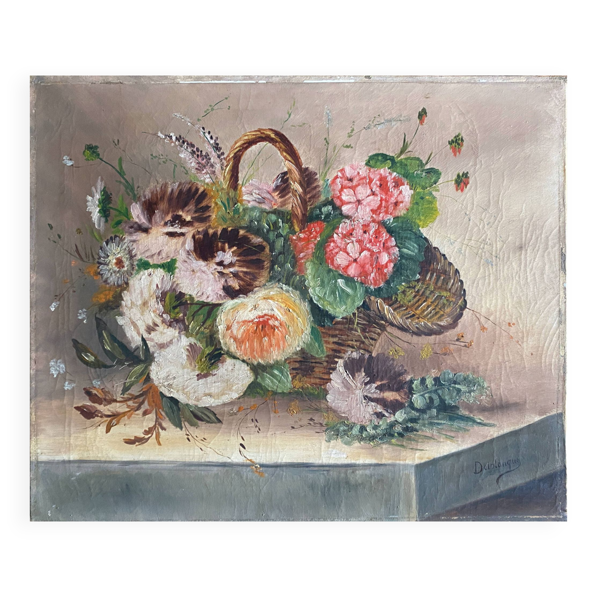 Tableau HST "Bouquet de fleurs des champs au panier" 1900 signé Delplanque