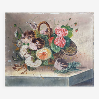 Tableau HST "Bouquet de fleurs des champs au panier" 1900 signé Delplanque