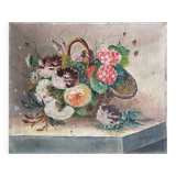 HST painting "Bouquet of wild flowers in basket" 1900 signed Delplanque