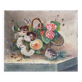HST painting "Bouquet of wild flowers in basket" 1900 signed Delplanque