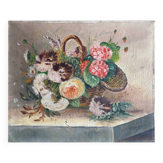 Tableau HST "Bouquet de fleurs des champs au panier" 1900 signé Delplanque