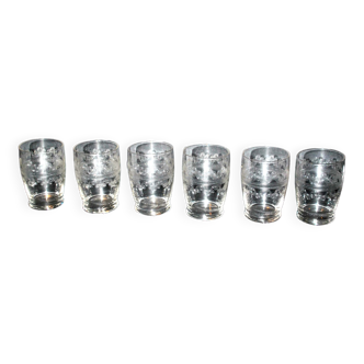 Baccarat, rare set of 6 crystal alcohol glasses engraved with acid in pantogravure 8cm