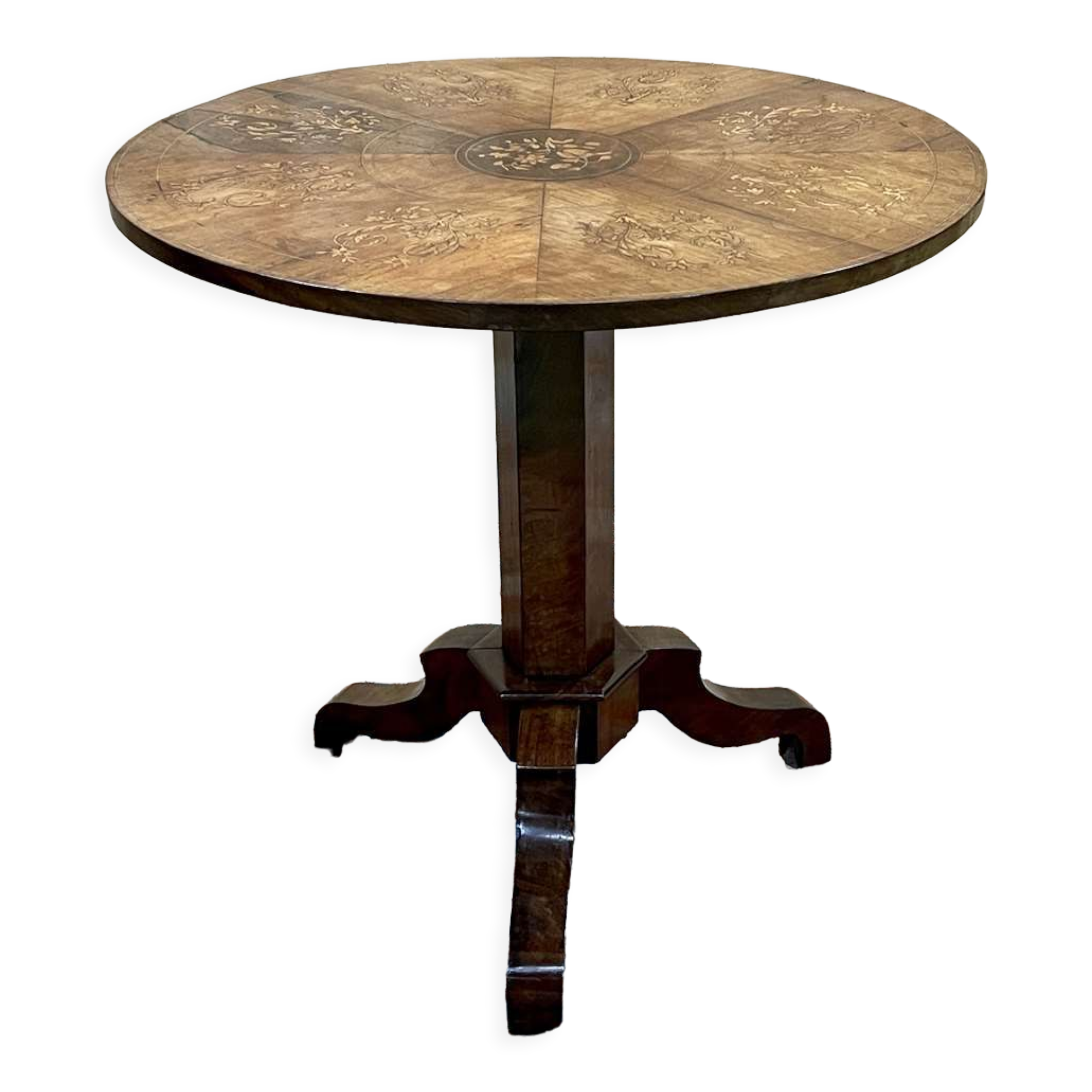 Pedestal table XIXth in walnut and marquetry