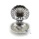 Silver-plated metal and glass shell-shaped butter dish with its knife.