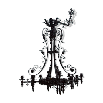 Imposing gothic lustre in wrought iron black laqué 185cm - 2 large candelabras