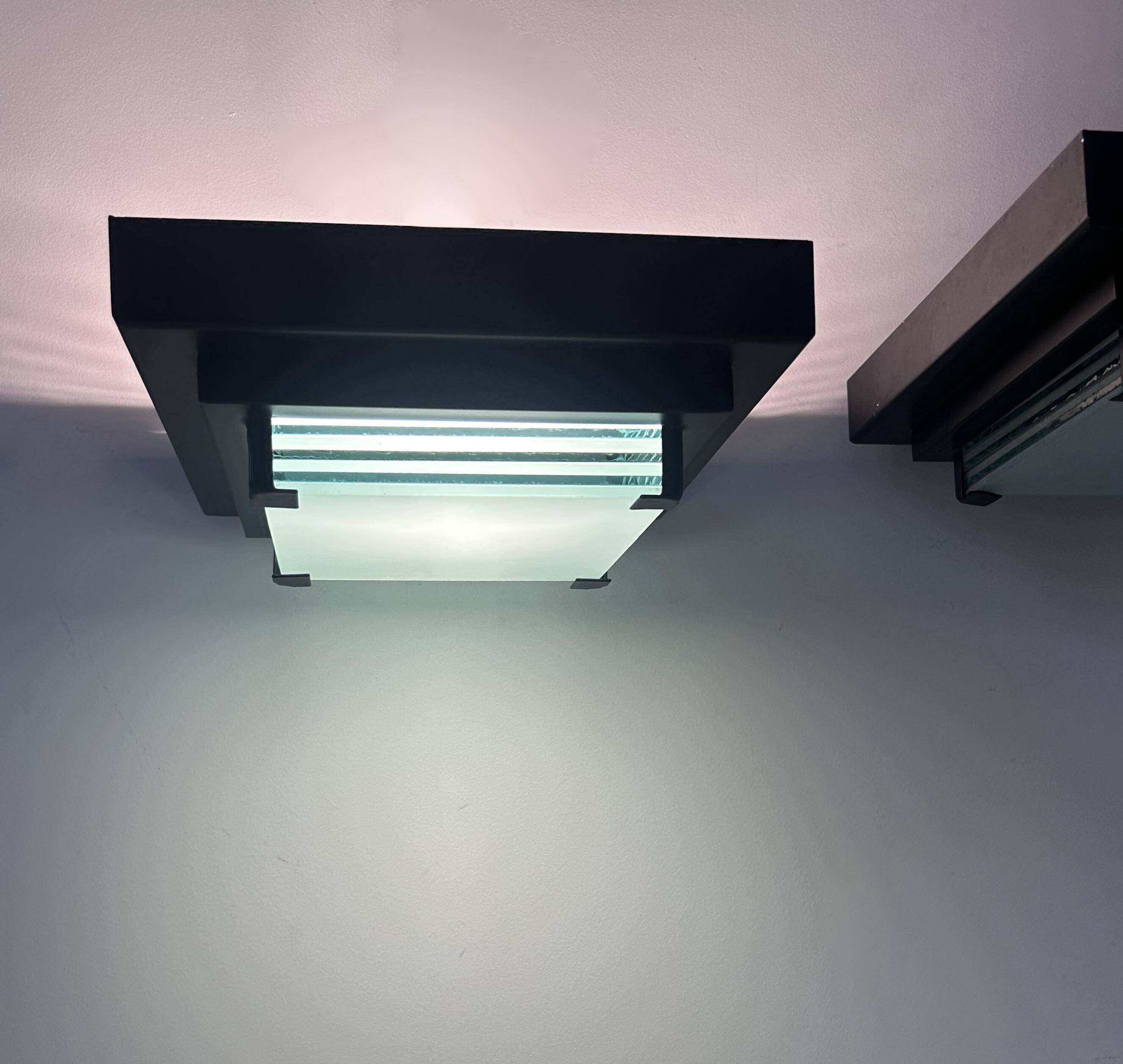 Pair of vintage post modernist wall lights, glass and sandblasted glass, France 1980