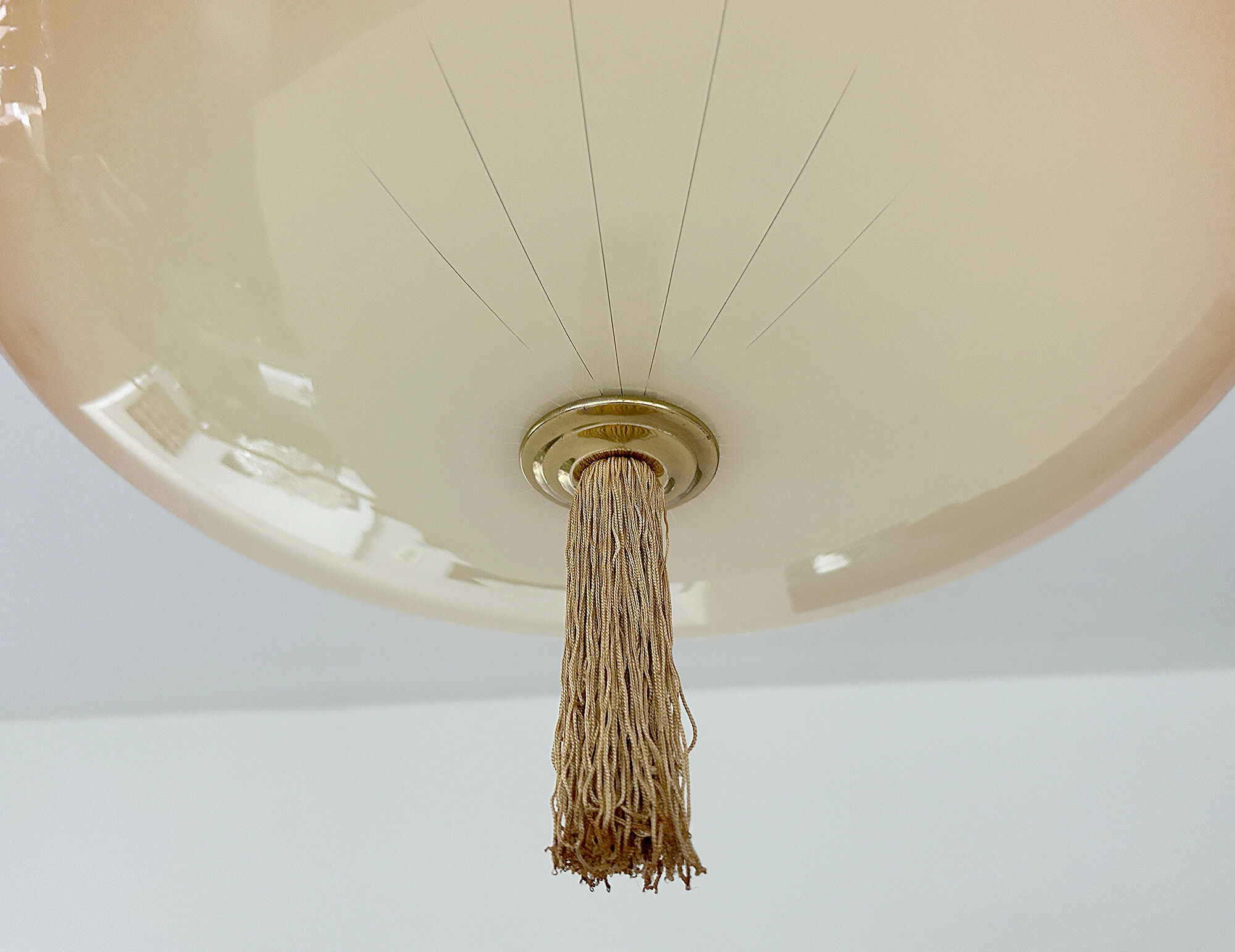 Vintage art deco pendant lamp, gradient glass, red beige, brass, 30 years