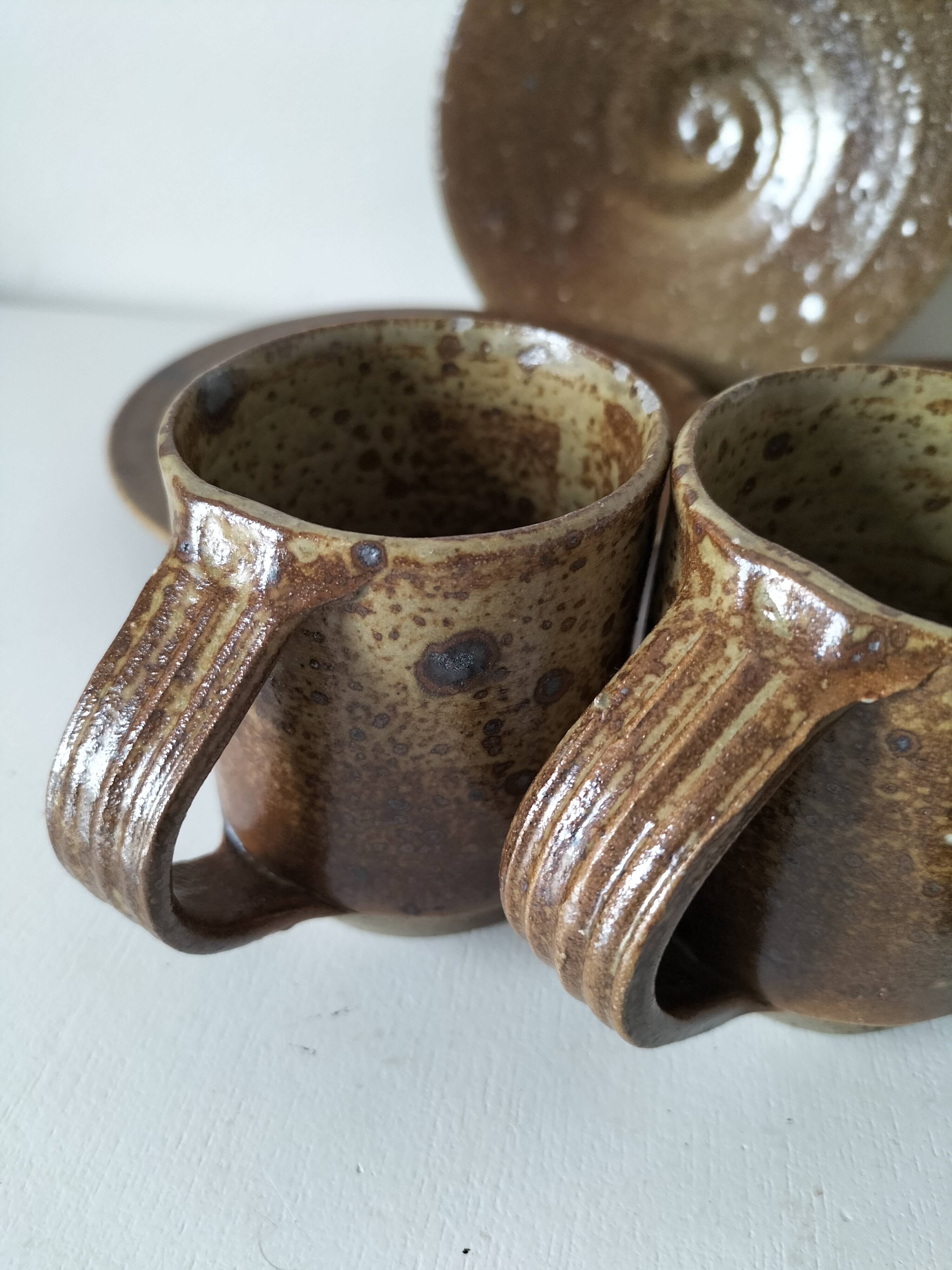 Set of three cups and saucers in pyrite stoneware - Charles Gaudry, Puisaye