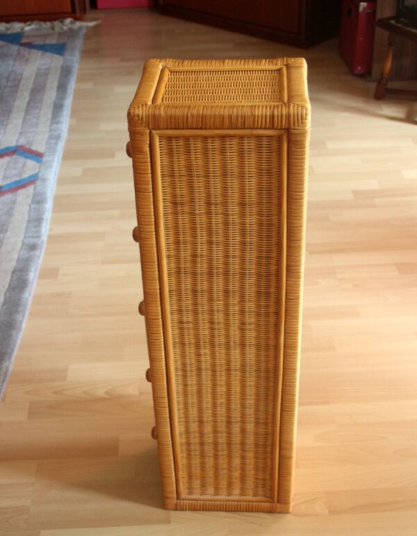 petit cabinet avec 5 tiroirs en bambou, bois et rotin - vintage