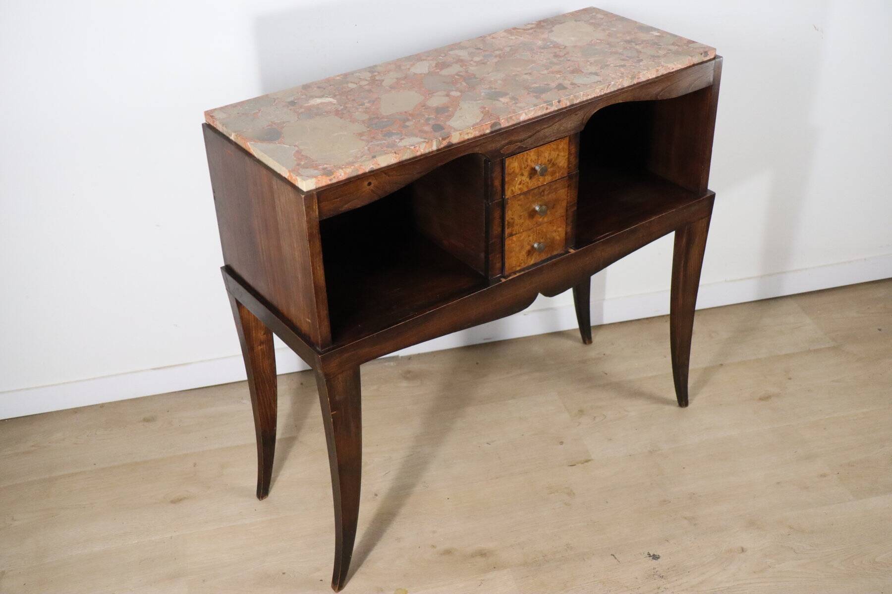 Vintage wooden and marble console table – classic style curved legs, 1950s