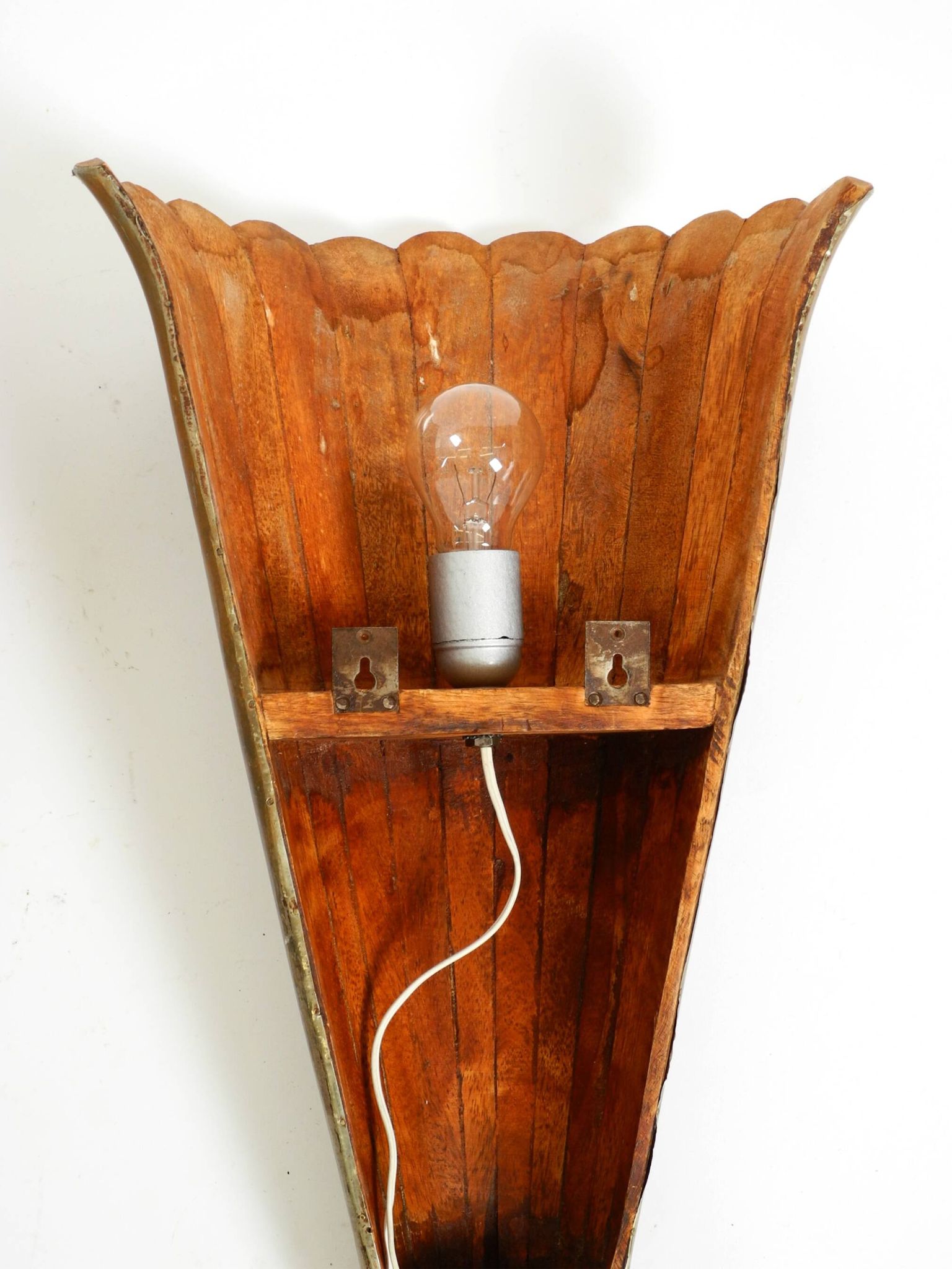 Two large, rare 1950s wall lamps made of wood with aluminum cladding