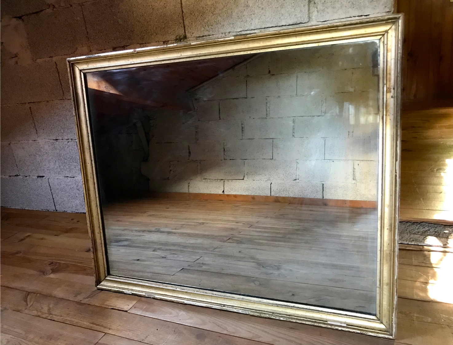 Mirror with golden mercury parquet signed david frame wood and stuck