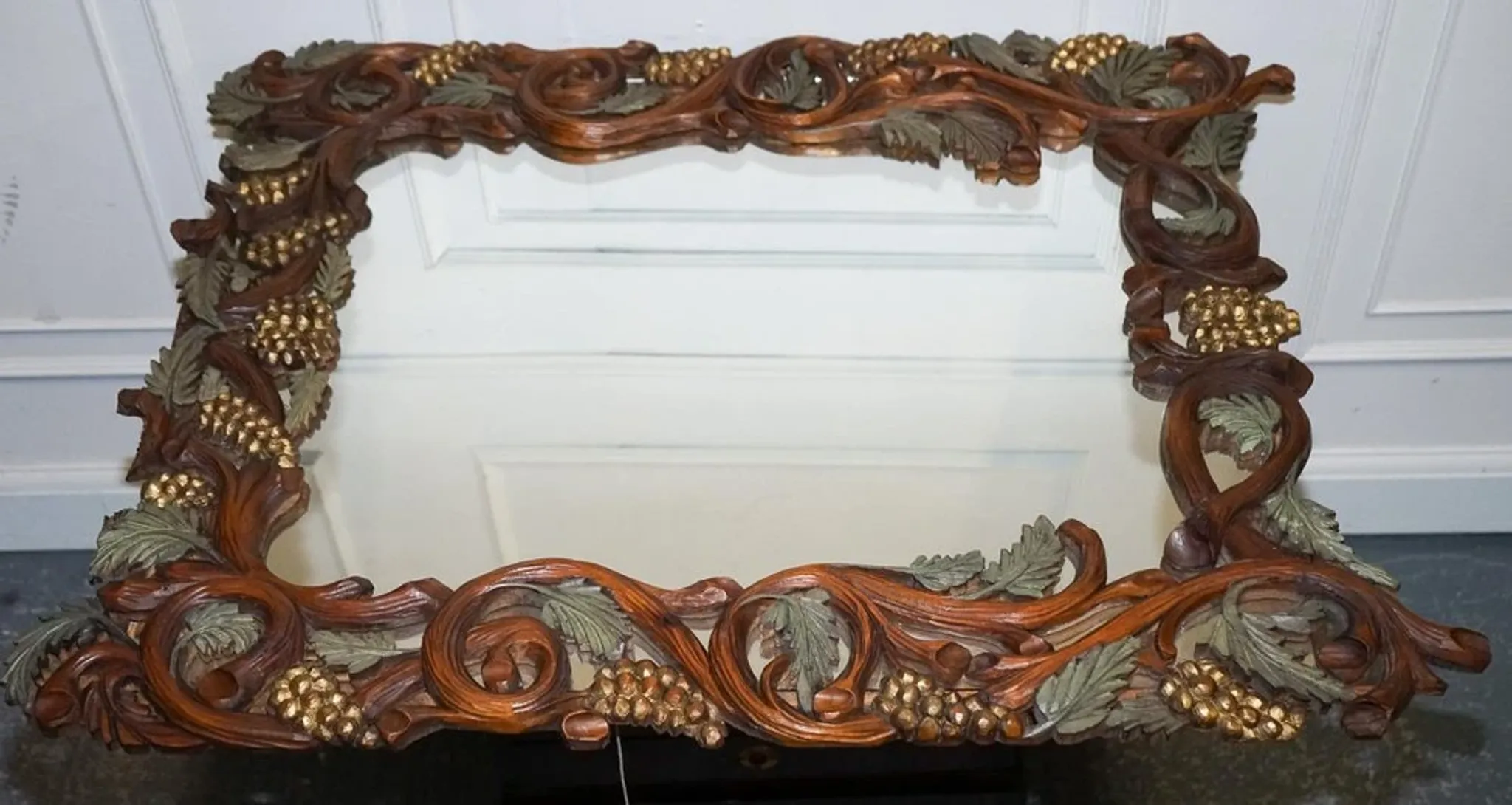 Vintage Black Heavily Carved Wooden Forest Wall Mirror