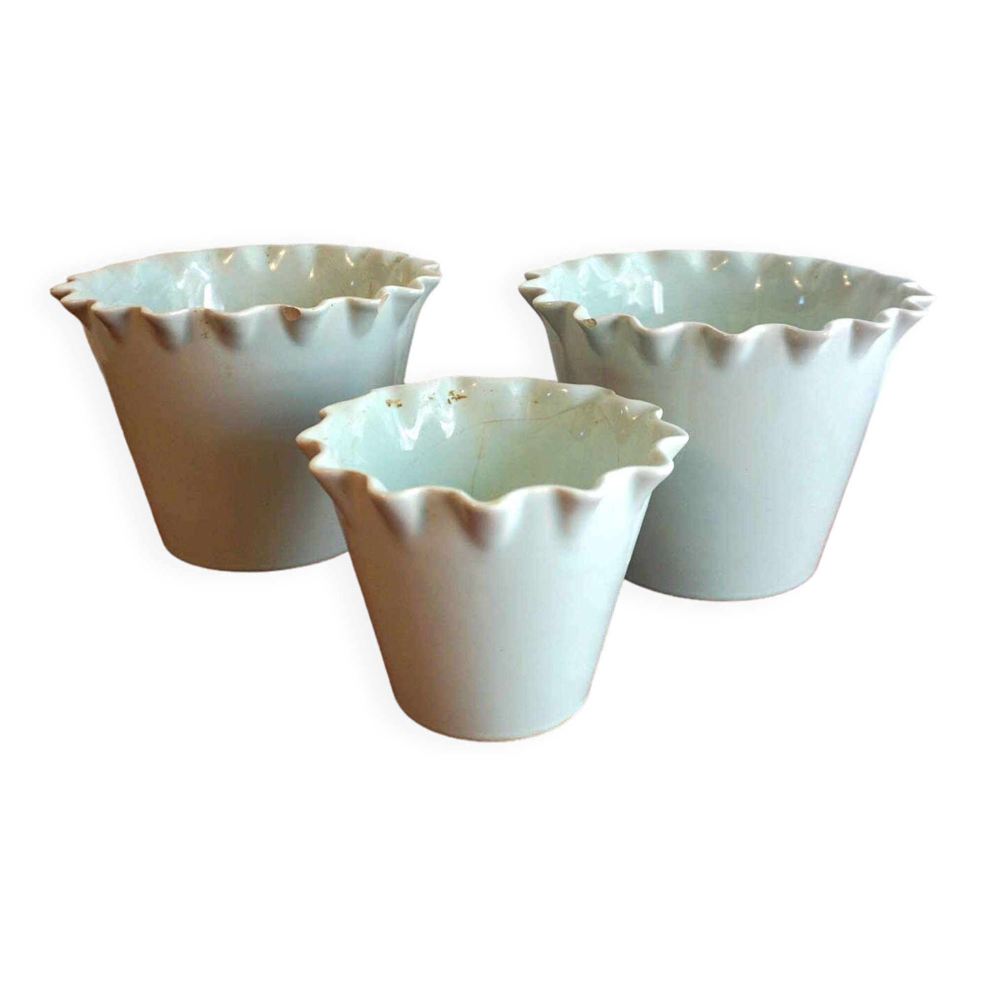 Celedon baby blue flower pots with ruffled lips set of 3