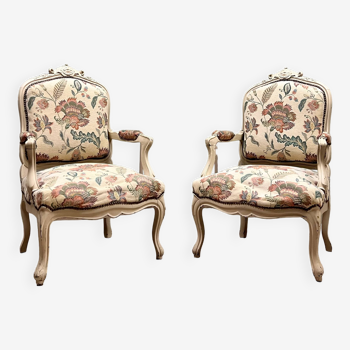 Paire De Fauteuils à La Reine En Bois Laqué De Style Louis XV XIX Eme Siècle