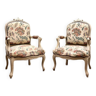 Pair Of Queen Armchairs In Louis XV Style Lacquered Wood XIX Eme Century