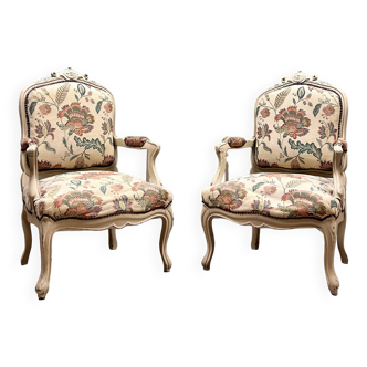 Paire De Fauteuils à La Reine En Bois Laqué De Style Louis XV XIX Eme Siècle