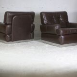 Pair of armchairs brown leather base stainless steel, France, circa 1970