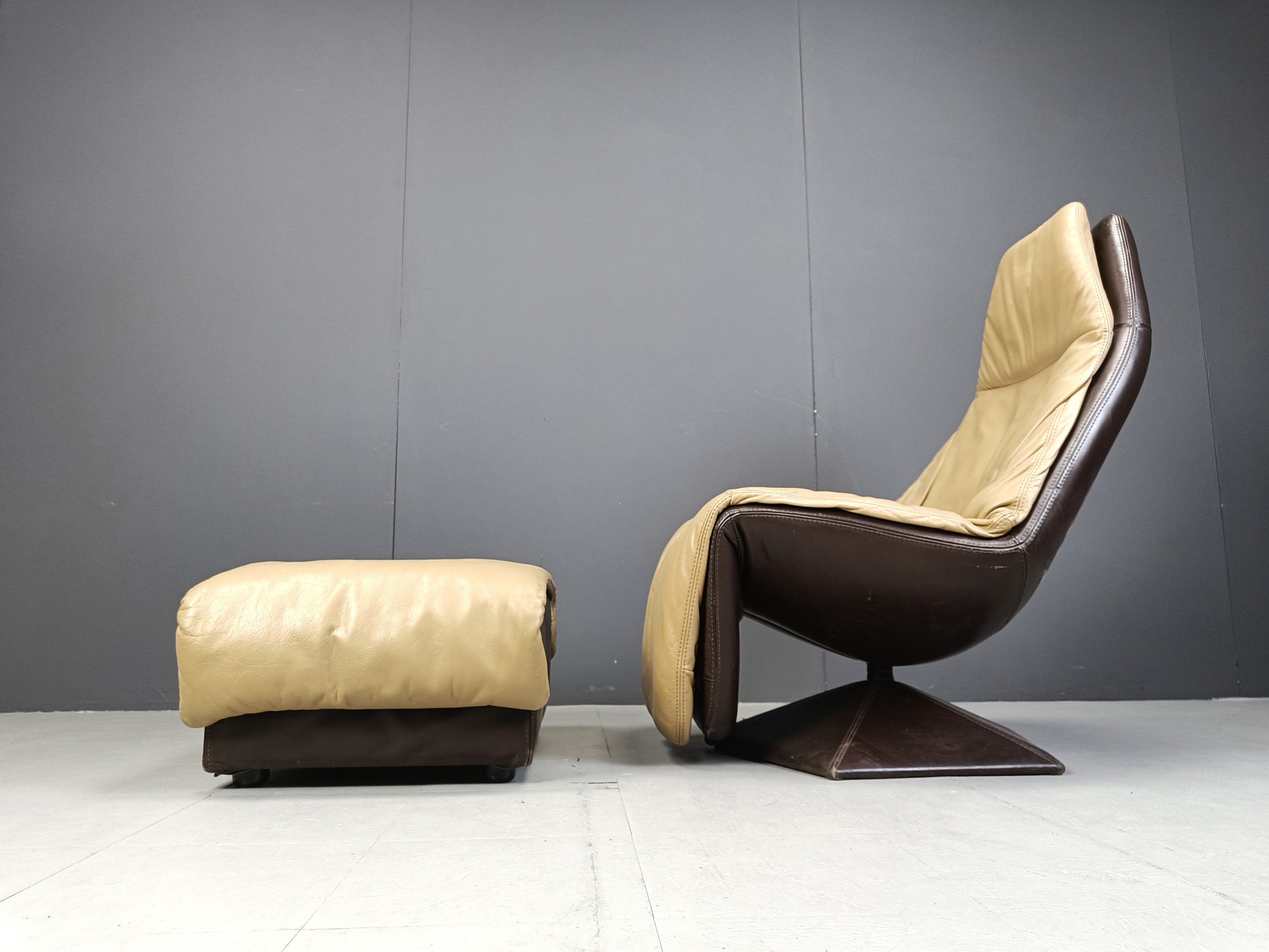 Vintage leather swivel chair with ottoman, 1970s