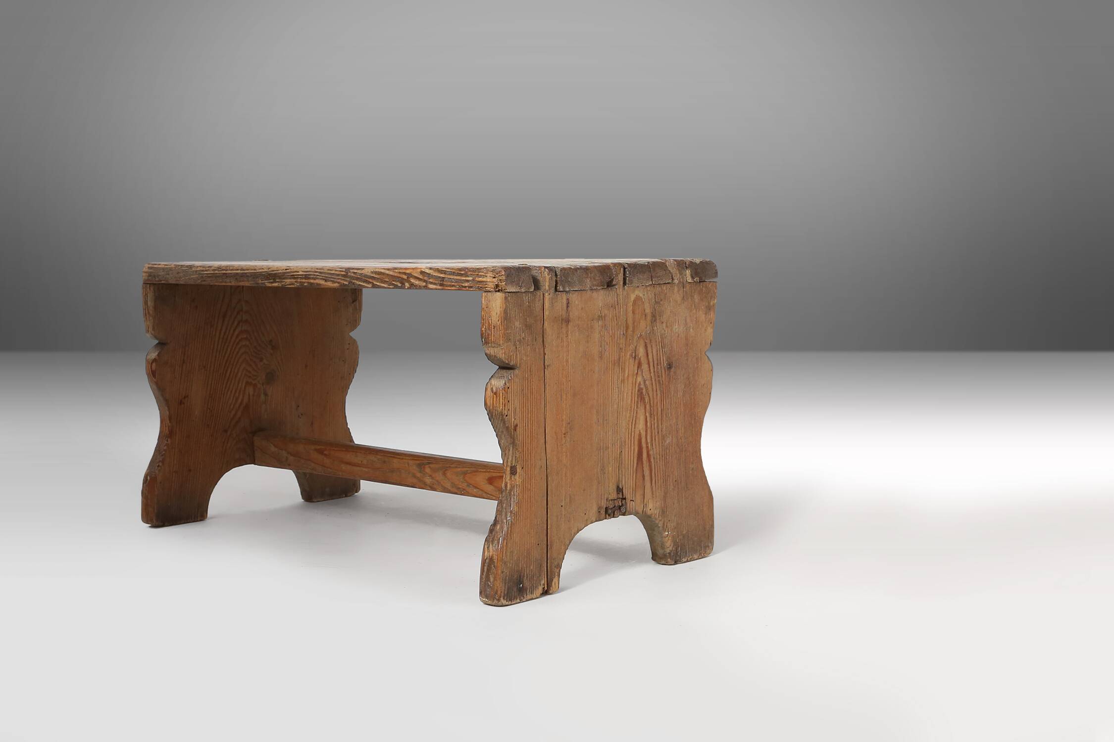 Rustic French wooden stool with beautiful patina, ca. 1900