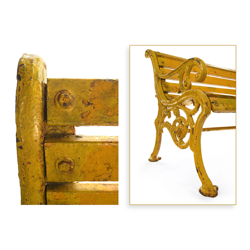 Wooden bench and yellow patina cast iron